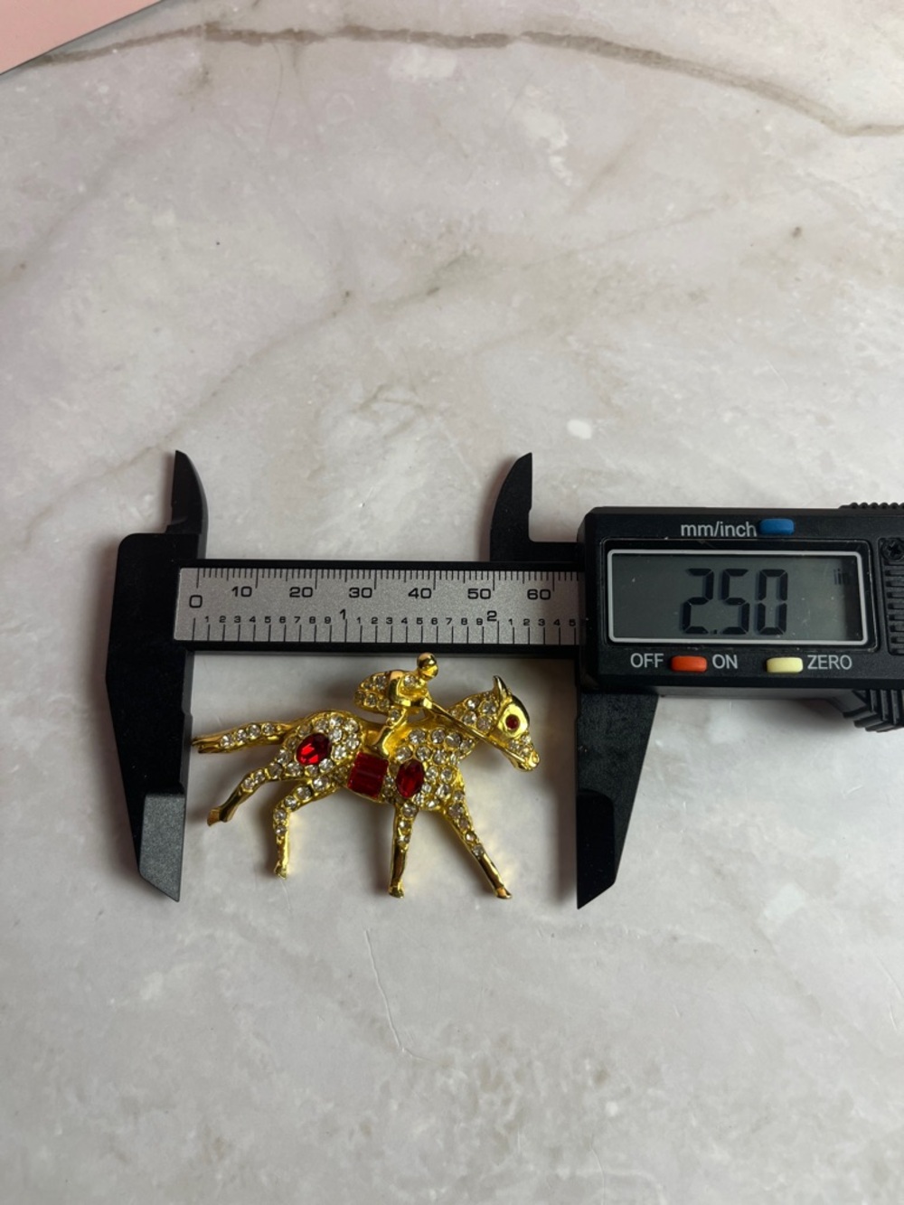 Gold-tone Horse & Jockey with Red Crystals & Rhinestones Brooch - Picture 7 of 13